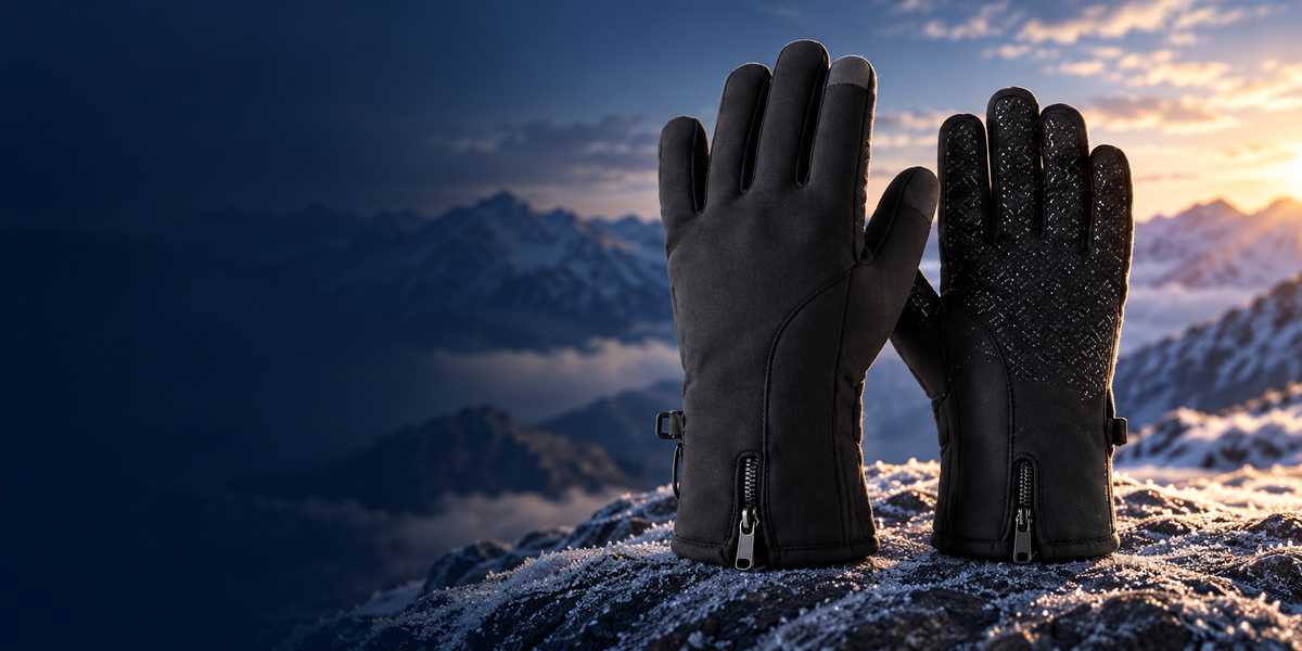 Gants tactiles d’hiver noirs avec poignets zippés et paumes adhérentes, dans un paysage hivernal.